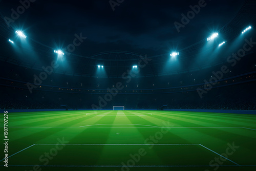 Fondo 3D inspirado en los visuales de la UEFA Champions League con luces brillantes, degradados azul profundo y efectos de focos, ideal para gráficos de fútbol y presentaciones deportivas