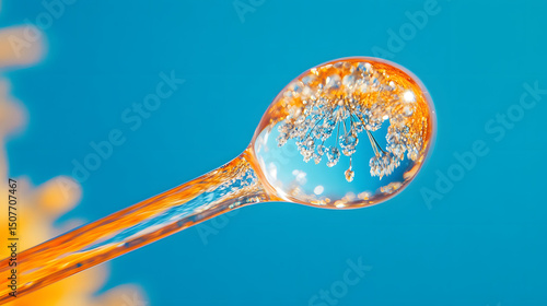 Macro Shot of Dewdrop on Flower Stem Reflecting Golden Wildflowers and Blue Sky in Vibrant Morning Light