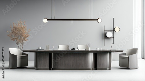 Modern conference room, neutral tones, minimalist design