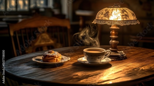 Warm, antique-style cafe table with coffee, pastry, and lamp