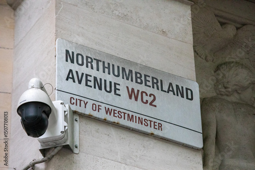 Northumberland Avenue Sign and Security Camera in London