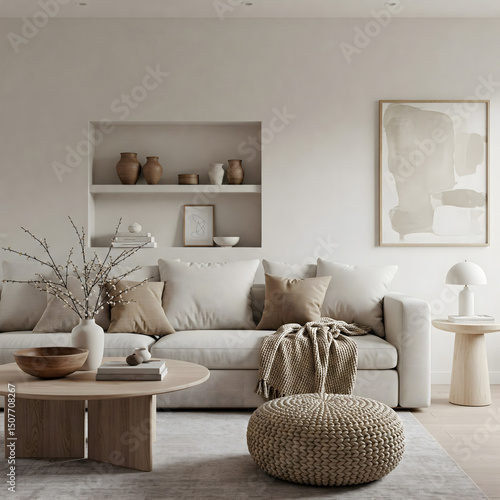 Neutral toned living room featuring a soft couch, wooden accents, and minimalist decor, creating a serene and modern space. Generative AI.