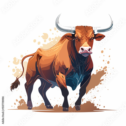 A dynamic vector of a fierce rodeo bull with flaring nostrils and dust clouds, captured in a tense side view.