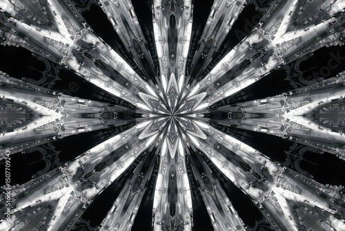 Symmetrical kaleidoscope with radial lines & sharp angles in monochrome, minimal, black