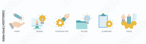 Crafting Ideas Toolkit Icon Set Isolated Vector Illustration Concept With Icon Of Hand, Design, Fountain Pen, Folder, Clipboard, Tools In Flat Style