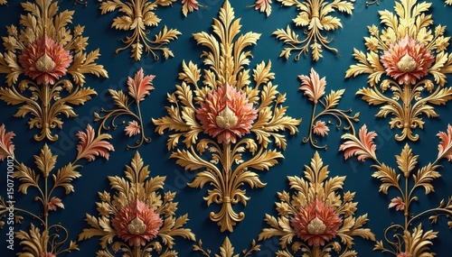 Intricate floral damask wallpaper, elegant gold accents, wall, wallpaper, textile