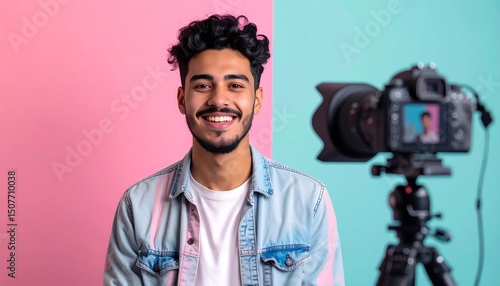 Happy Vlogger Man Filming Video Blog - Pastel backgrounds