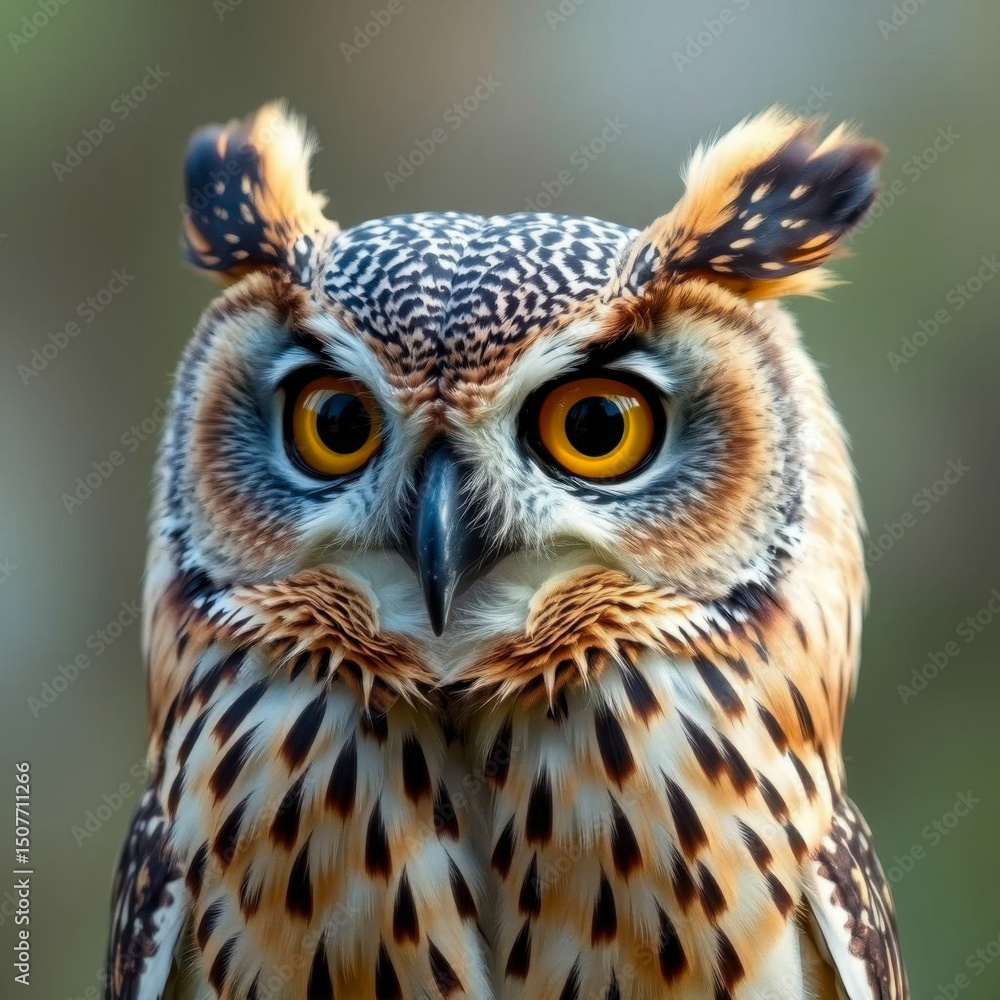 Obraz premium Excellent portrait of an owl. Close-up portrait of an owl with stunning yellow eyes.