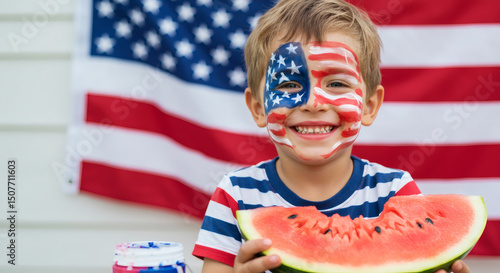 A smiling child with face paint, celebrates the 4th of July, holding a watermelon slice.