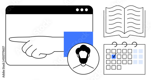 Hand pointing in a browser, user profile, open book, and marked calendar highlight tasks, scheduling, and learning. Ideal for productivity, planning, education management collaboration tracking