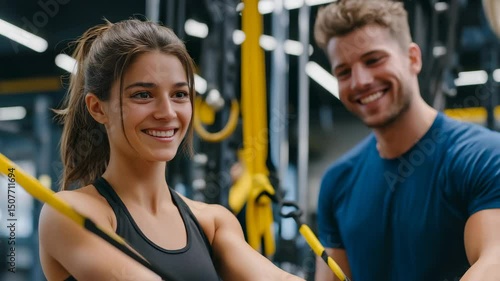 Happy couple in gym environment, active lifestyle, workout motivation and wellness partnership