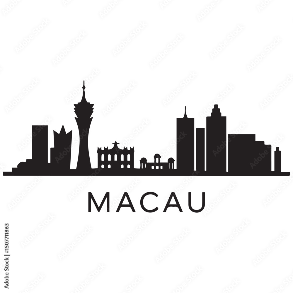 Fototapeta premium Vector Macau skyline. Travel Macau famous landmarks. Business and tourism concept for presentation, banner, web site. Vector black silhouette. with white background