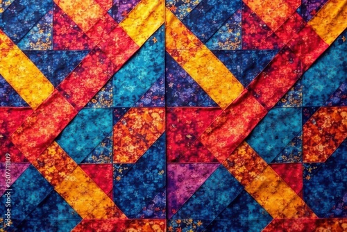 Geometric shapes repeat in vibrant colors on fabric , seamless, lines, triangles