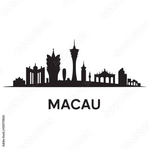 Vector Macau skyline. Travel Macau famous landmarks. Business and tourism concept for presentation, banner, web site. Vector black silhouette. with white background