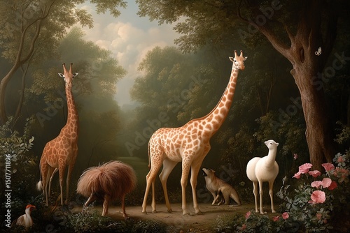 Majestic wildlife gathering in an enchanting forest under soft sunlight