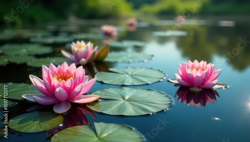 Water lilies forming a natural floral pattern on a lake, sunlight, water, wildlife