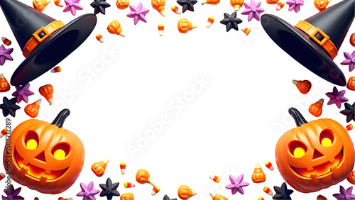 Halloween Border Frame with Jack-o'-Lanterns, Witch Hat, Candy Corn, and Spooky Decorations on White Background – Festive Holiday Template.
