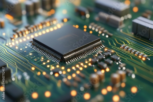 Exploring the intricate details of a circuit board with a central processing unit and glowing connections