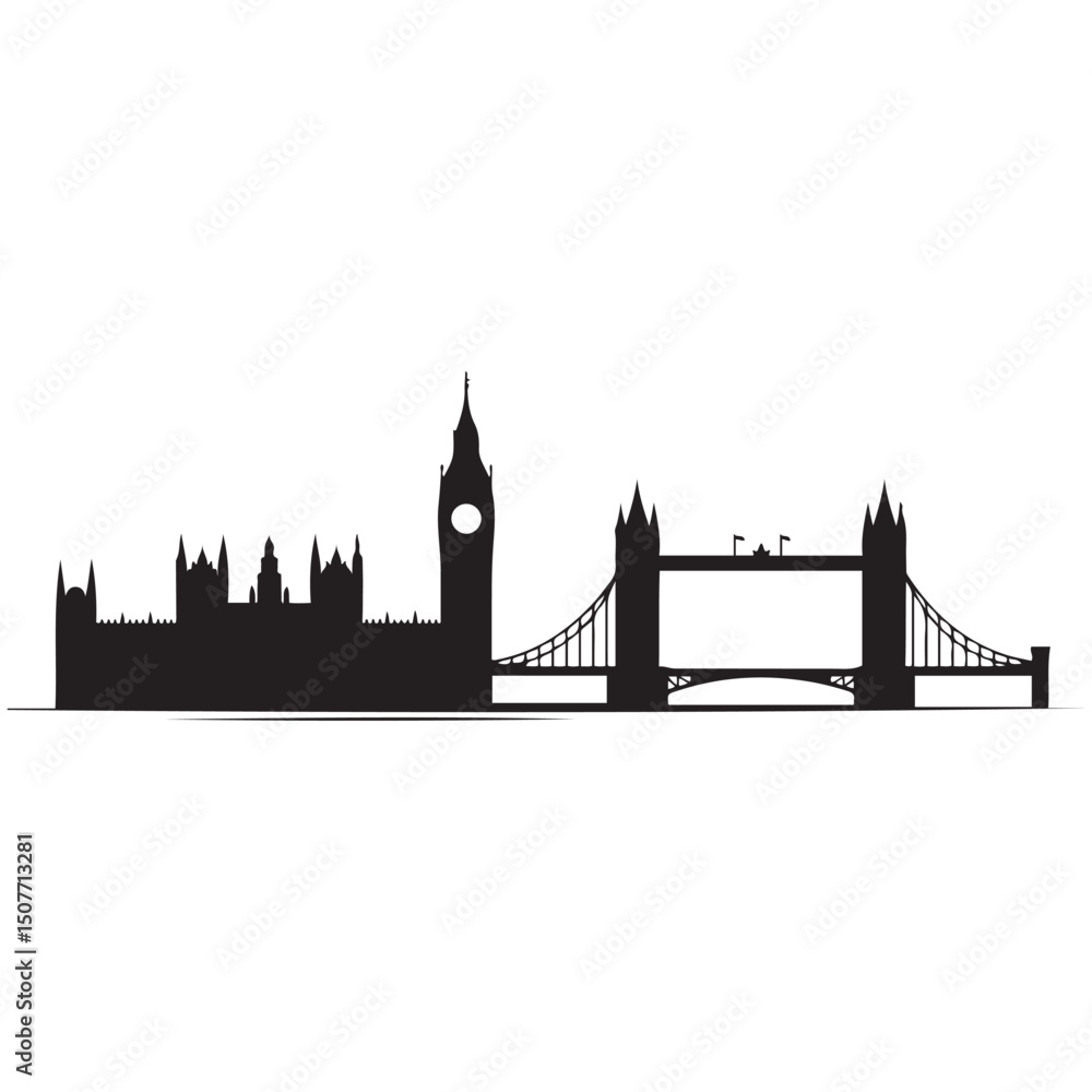 Obraz premium Vector London skyline. Travel London famous landmarks. Business and tourism concept for presentation, banner, web site. Vector black silhouette. with white background
