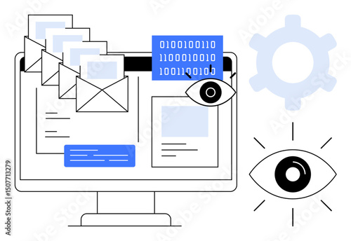 Computer screen with emails, binary code, surveillance eye, and gear icon. Ideal for data security, digital monitoring, online privacy, cyber defense, technology surveillance flat simple metaphor