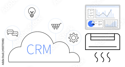 CRM cloud system integrated with analytics dashboard, light bulb, shopping cart, chat bubbles, gear icon, and HVAC unit. Ideal for technology, customer service, innovation analytics system