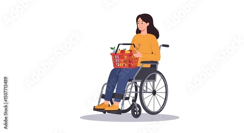 Woman in Wheelchair with Shopping Basket of Food