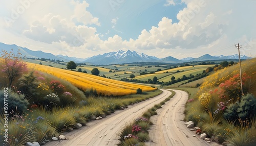 Scenic Country Road, Rolling Hills, Mountains - Painterly style