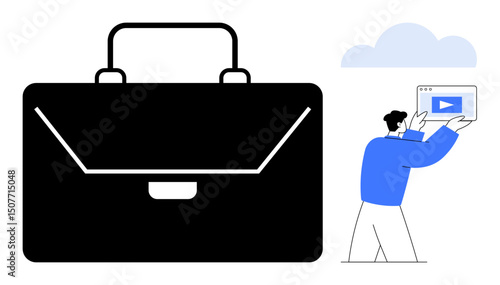 Black briefcase alongside a professional holding a tablet displaying video content, symbolizing digital media, career focus, idea sharing, professional growth, teamwork, workflow, simple landing page
