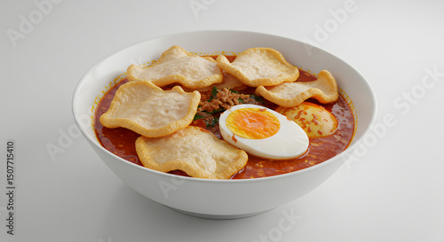 Hearty lontong sayur, a beloved indonesian breakfast with rich flavors and textures served in a bowl on a white background