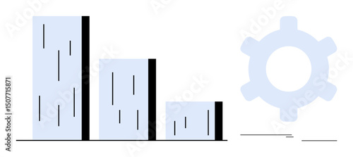 Three descending bar chart elements beside a gear icon, symbolizing progress, decline, and system optimization. Ideal for data analysis, process management, performance tracking, efficiency, business