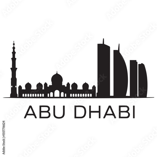 Vector Abu Dhabi skyline. Travel Abu Dhabi famous landmarks. Business and tourism concept for presentation, banner, web site. Vector black silhouette. with white background