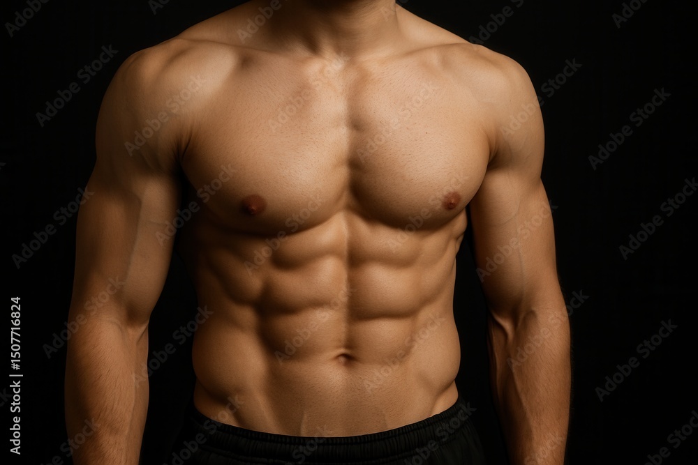 Bodybuilder showing his defined abdominal muscles on dark background Bodybuilder showing his defined abdominal muscles on dark background