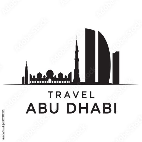 Vector Abu Dhabi skyline. Travel Abu Dhabi famous landmarks. Business and tourism concept for presentation, banner, web site. Vector black silhouette. with white background