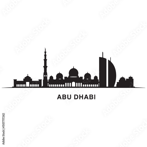 Vector Abu Dhabi skyline. Travel Abu Dhabi famous landmarks. Business and tourism concept for presentation, banner, web site. Vector black silhouette. with white background