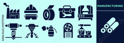 Manufacturing icon collection with factory, safety equipment, tape, toolbox, industrial fan, pick axe, drilling, paint spray, conveyor belt with boxes, metal tubes. Editable elements, size and color.