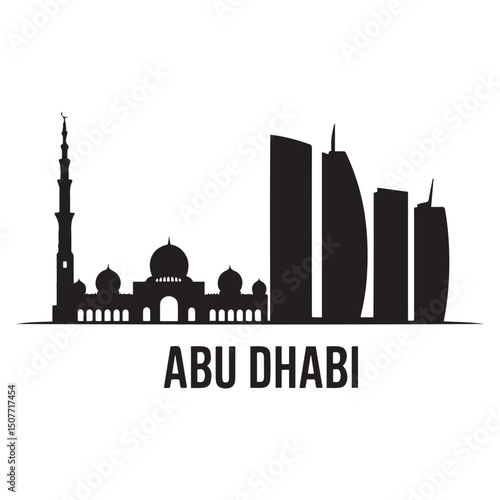 Vector Abu Dhabi skyline. Travel Abu Dhabi famous landmarks. Business and tourism concept for presentation, banner, web site. Vector black silhouette. with white background