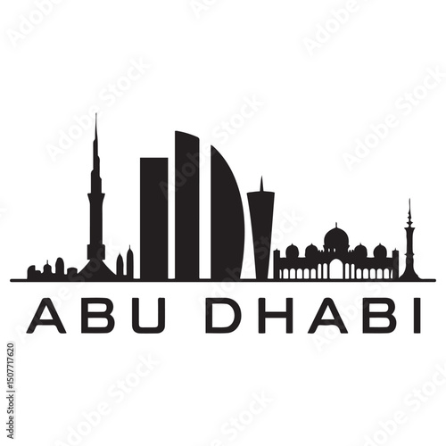 Vector Abu Dhabi skyline. Travel Abu Dhabi famous landmarks. Business and tourism concept for presentation, banner, web site. Vector black silhouette. with white background
