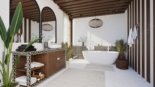 Fotografija 3d render of modern boho bathroom interior with freestanding tub, wooden beams, patterned tiles, and tropical plants