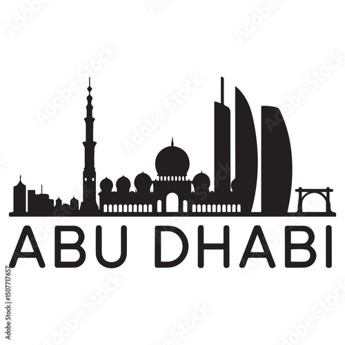 Vector Abu Dhabi skyline. Travel Abu Dhabi famous landmarks. Business and tourism concept for presentation, banner, web site. Vector black silhouette. with white background