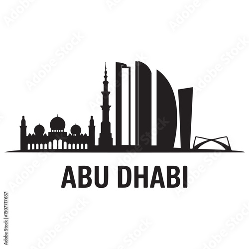 Vector Abu Dhabi skyline. Travel Abu Dhabi famous landmarks. Business and tourism concept for presentation, banner, web site. Vector black silhouette. with white background