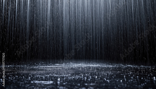 Rain falling on the ground with splashing water droplets in dark moody atmosphere