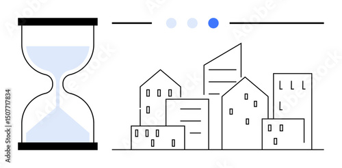 Hourglass symbolizing the passage of time beside simple geometric city buildings. Ideal for time management, urban planning, architecture, growth, innovation, process flow, simple landing page
