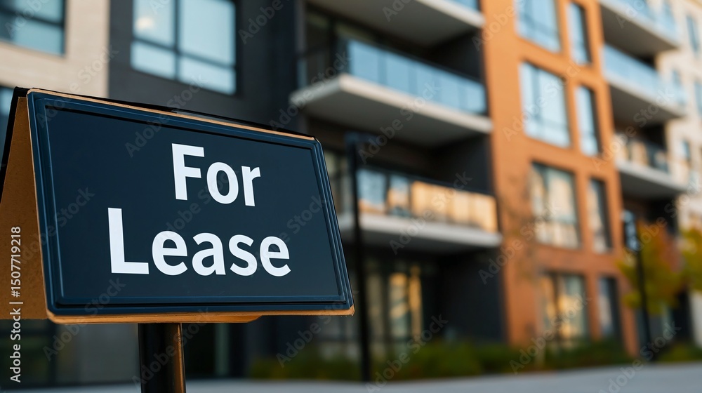 Obraz premium Modern apartment building with for lease sign in focus, urban real estate rental property and commercial space vacancy concept.