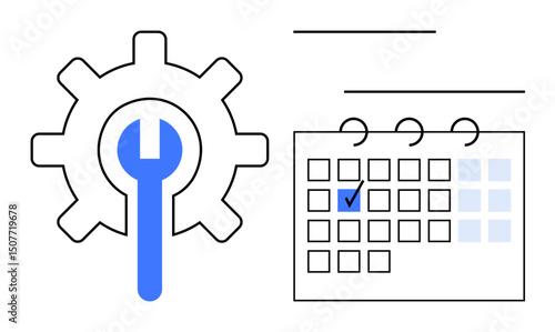 Gear with wrench next to a calendar marked with a check. Ideal for maintenance, repair scheduling, task planning, system optimization, organization, workflow management, flat simple metaphor