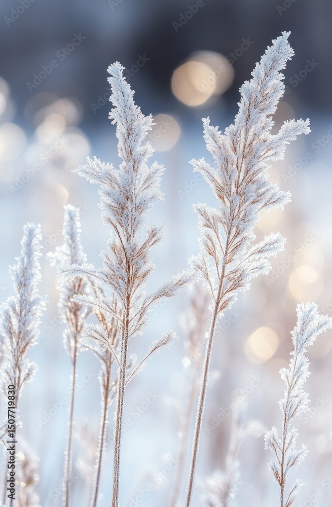Close-up of tall grass stalks covered in delicate frost with soft glowing light bokeh background creating a serene winter atmosphere Close-up of tall grass stalks covered in delicate frost with soft glowing light bokeh background creating a serene winter atmosphere
