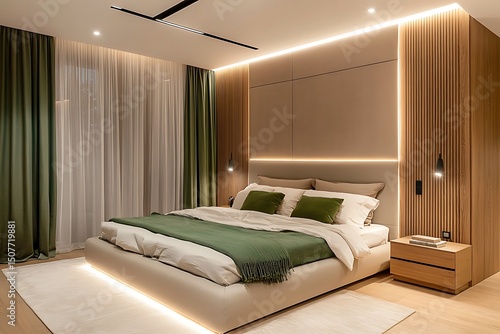 Modern bedroom interior design soft lighting green accents