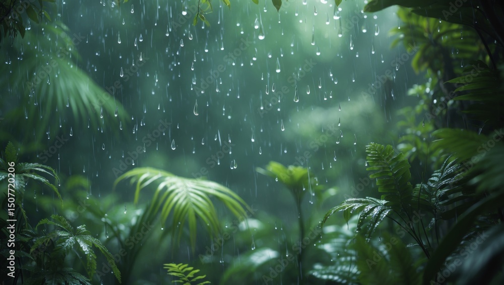 Fototapeta premium drizzly day, with delicate, translucent raindrops gently falling from above, casting a misty veil over the lush, vibrant green leaves of the surrounding foliage, which appear to be a mix of ferns