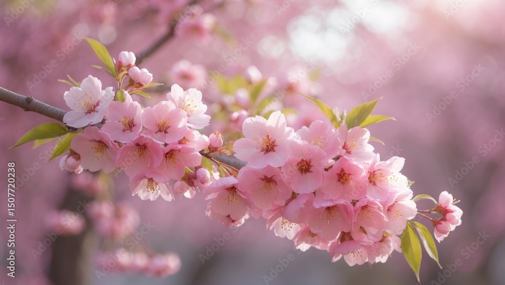 pink cherry blossoms in full bloom. The flowers are delicate, with soft petals and bright yellow stamens, showcasing their classic beauty. The blossoms are attached to slender branches green leaves pink cherry blossoms in full bloom. The flowers are delicate, with soft petals and bright yellow stamens, showcasing their classic beauty. The blossoms are attached to slender branches green leaves
