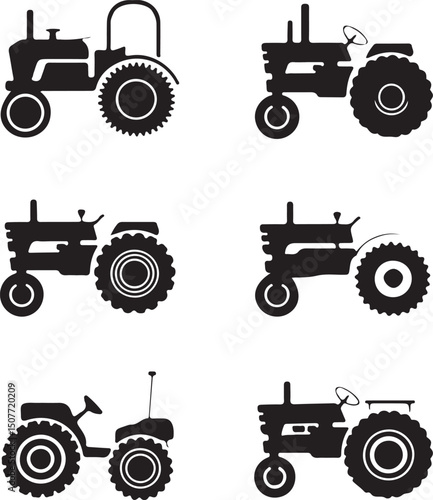 Vector isolated set of red farm tractor icons for agriculture and transportation