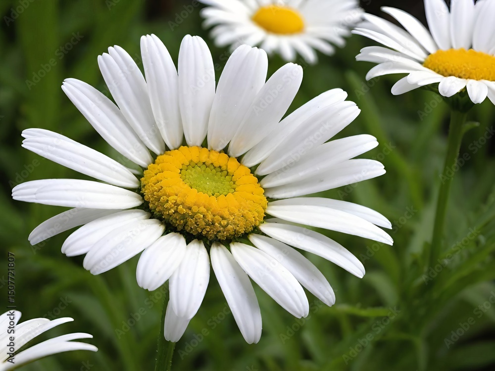 Fototapeta premium Close-up of a blooming white daisy with yellow center in lush green surroundings, capturing natural beauty and fresh floral charm.
